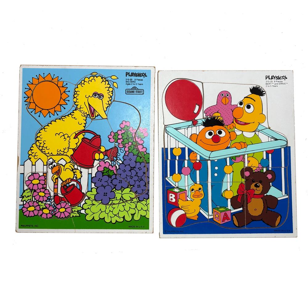 Set Of 2 Playskool Sesame Street Vintage Wooden Puzzles Good Condition